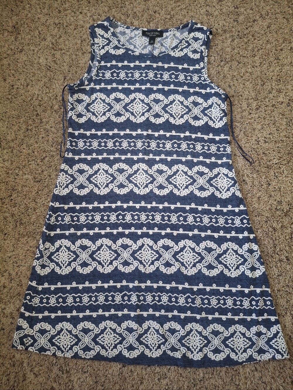 Denim Print and White Sleeveless Patterned Shift Dress